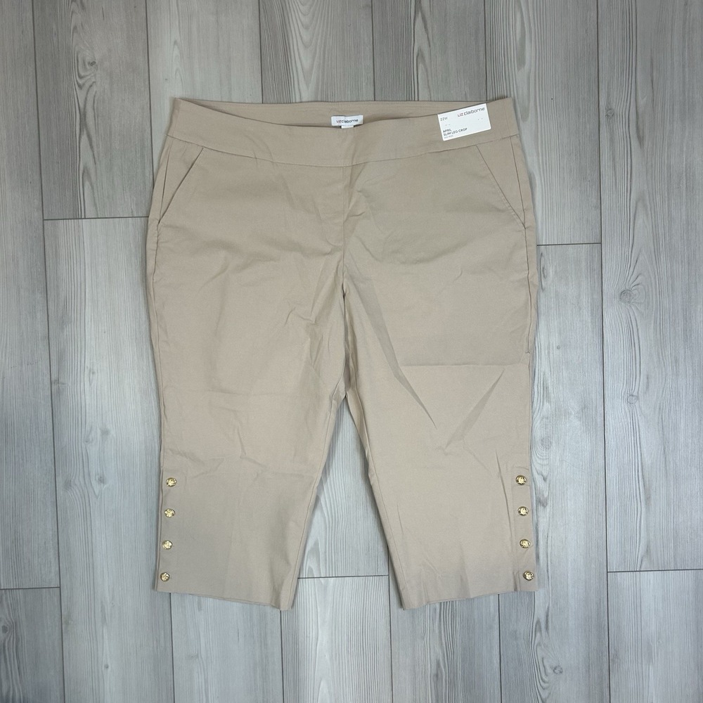 NWT Liz Claiborne 22W April Slim Leg Crop Pants Coastal Beige Buttons Pull On